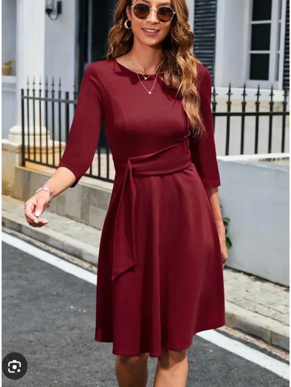 Fentar Women's Burgundy 3/4 Sleeve A-Line dress Size M